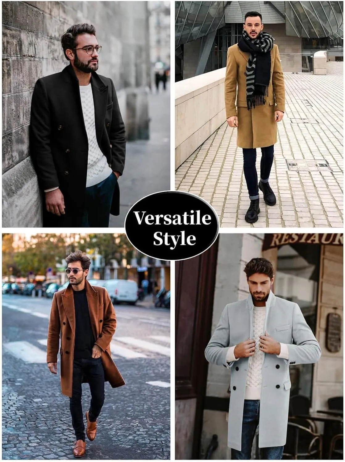 PASLTER Mens Trench Coat Mid Long Double Breasted Slim Fit Peacoat Notched Lapel Winter Business Overcoat