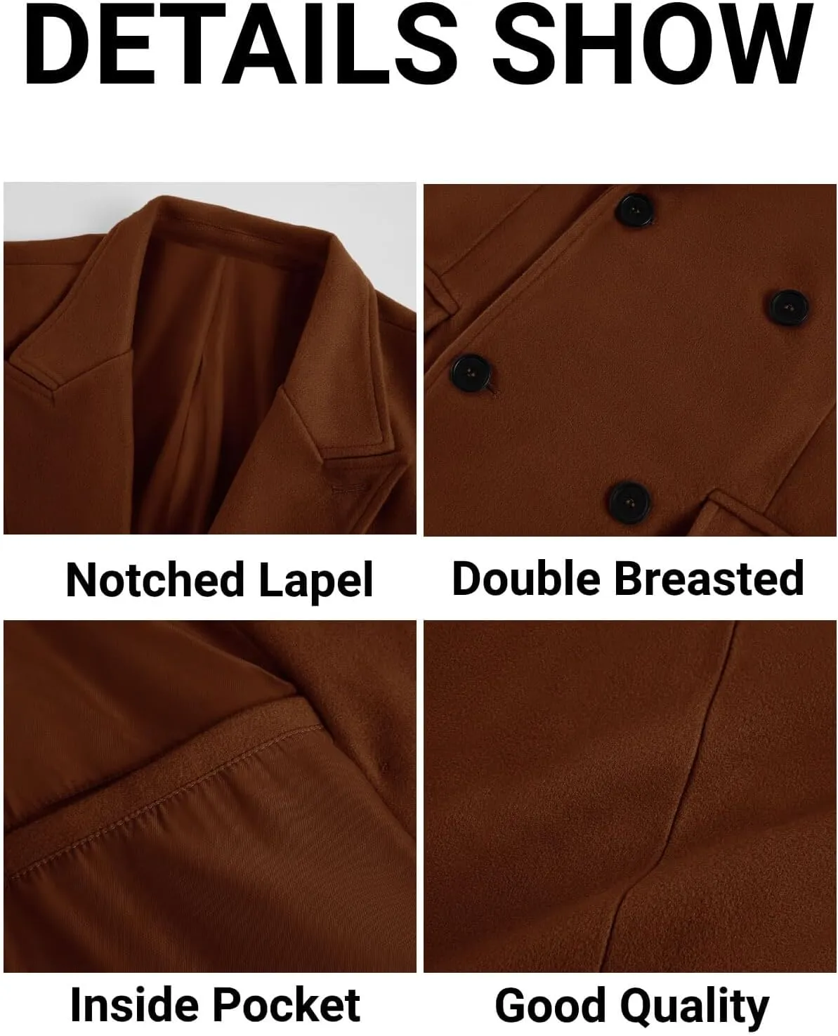 PASLTER Mens Trench Coat Mid Long Double Breasted Slim Fit Peacoat Notched Lapel Winter Business Overcoat
