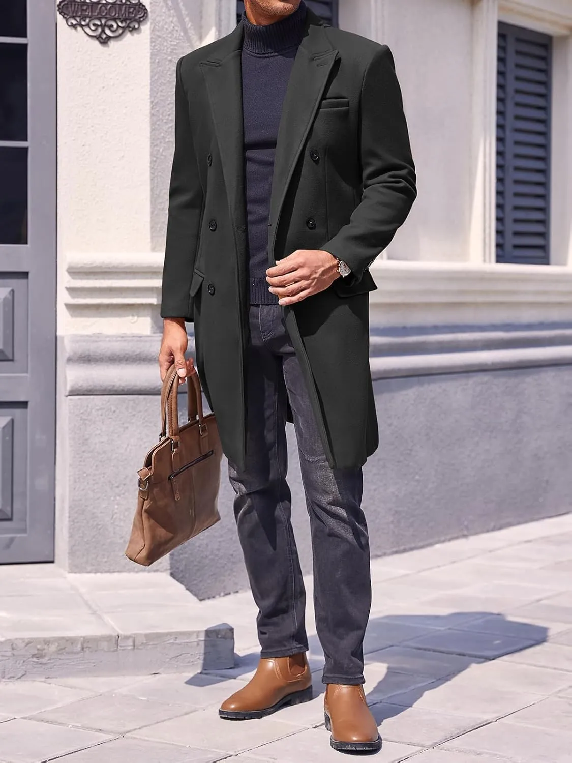 PASLTER Mens Trench Coat Mid Long Double Breasted Slim Fit Peacoat Notched Lapel Winter Business Overcoat