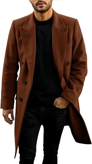 PASLTER Mens Trench Coat Mid Long Double Breasted Slim Fit Peacoat Notched Lapel Winter Business Overcoat