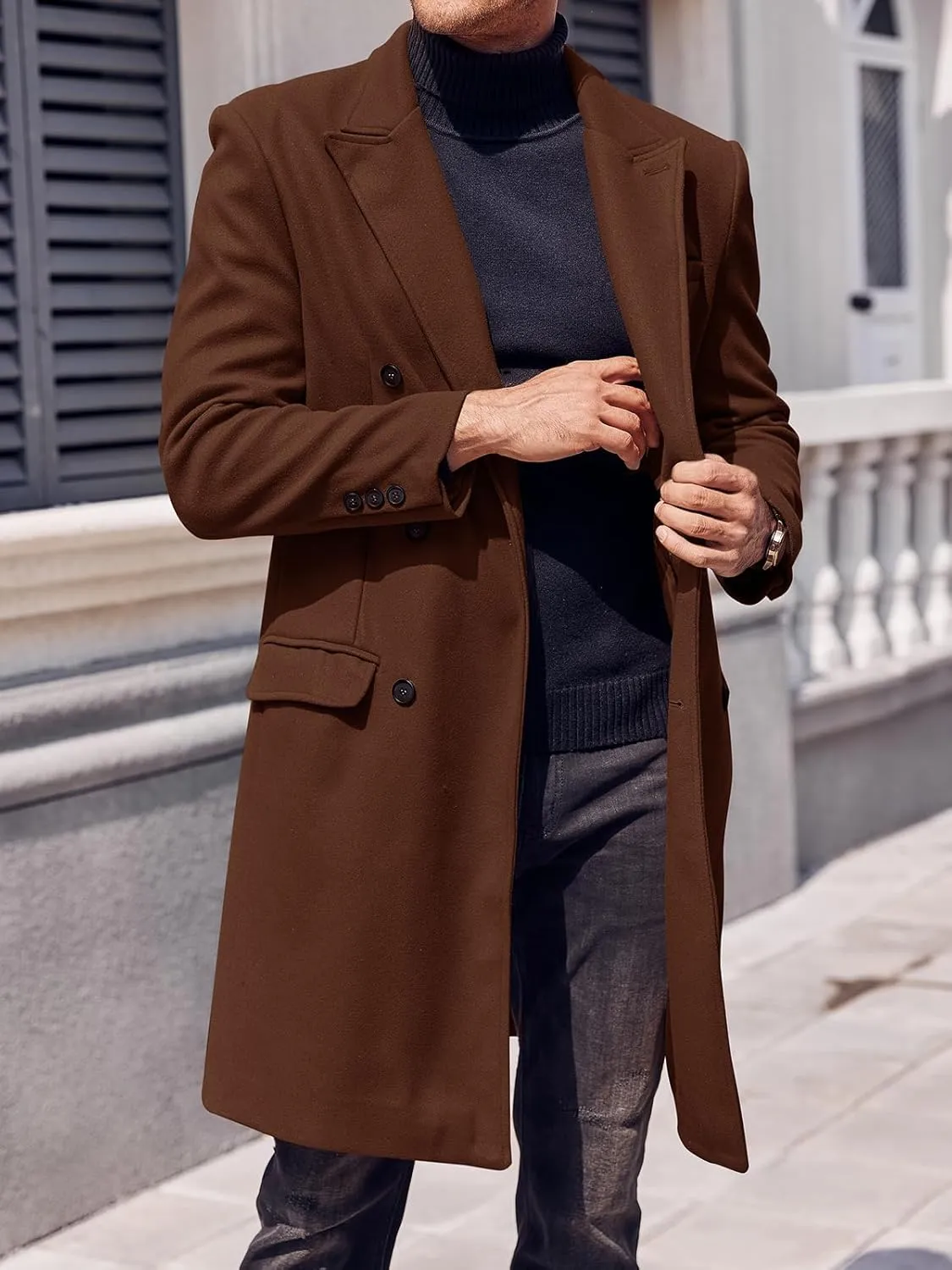 PASLTER Mens Trench Coat Mid Long Double Breasted Slim Fit Peacoat Notched Lapel Winter Business Overcoat