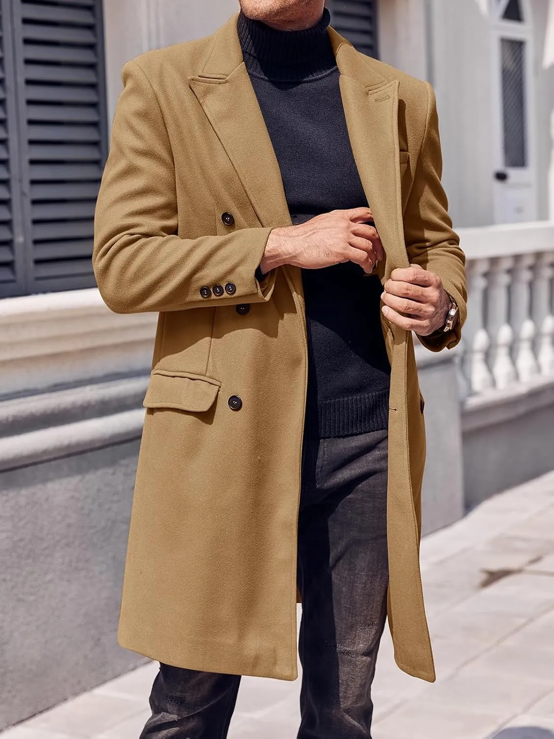 PASLTER Mens Trench Coat Mid Long Double Breasted Slim Fit Peacoat Notched Lapel Winter Business Overcoat