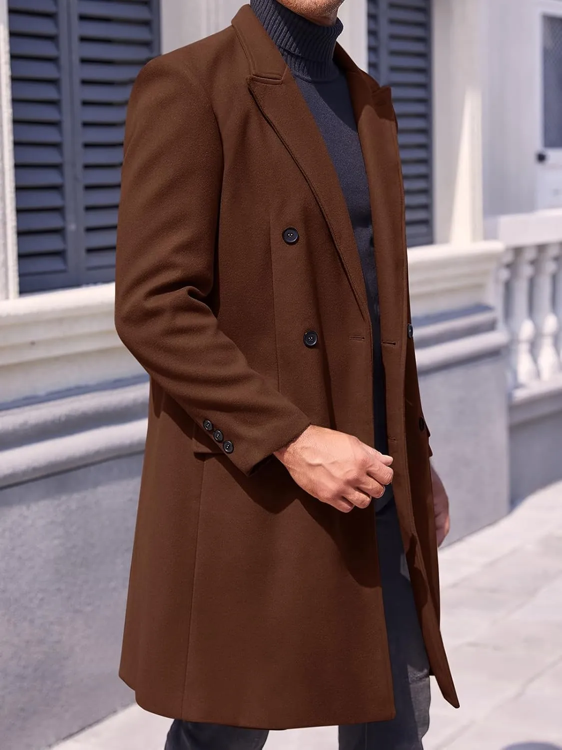 PASLTER Mens Trench Coat Mid Long Double Breasted Slim Fit Peacoat Notched Lapel Winter Business Overcoat