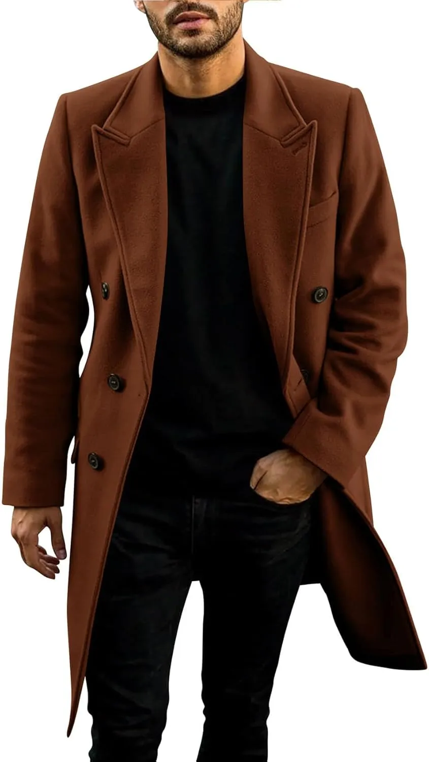 PASLTER Mens Trench Coat Mid Long Double Breasted Slim Fit Peacoat Notched Lapel Winter Business Overcoat
