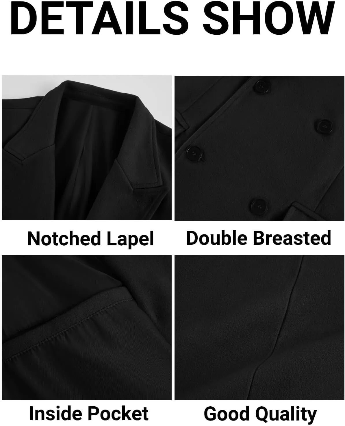 PASLTER Mens Trench Coat Mid Long Double Breasted Slim Fit Peacoat Notched Lapel Winter Business Overcoat