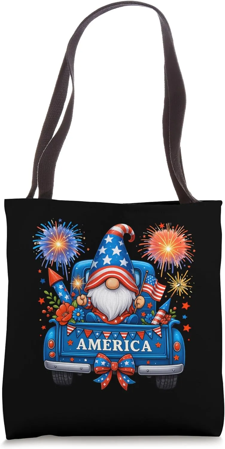 Patriotic Gnome Vintage Truck 4th of July Fireworks USA Flag Tote Bag