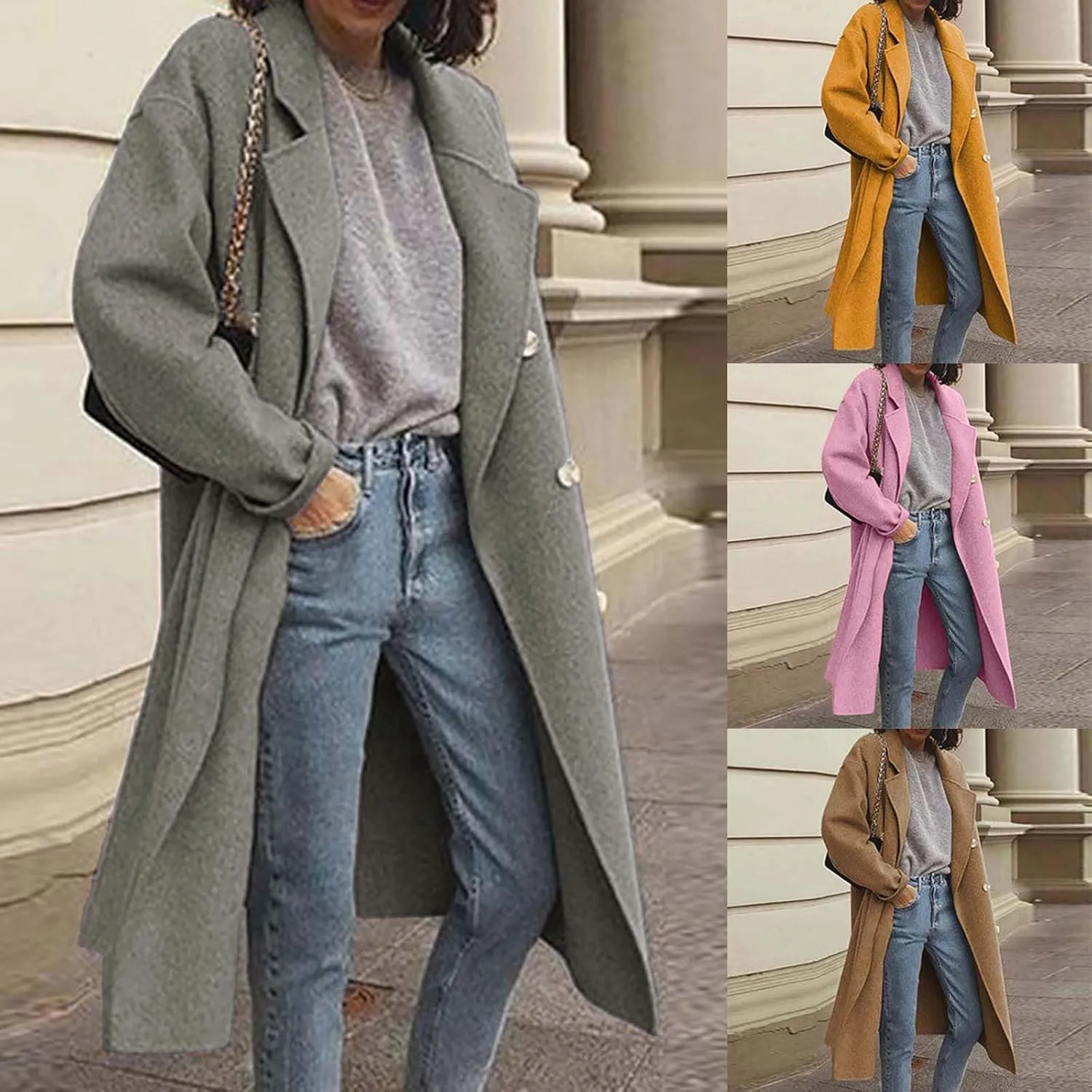 Pea Coats for Women Winter Wool Blend Camel Trench Coat Notch Lapel Double-Breasted Mid-Long Jacket Outwear