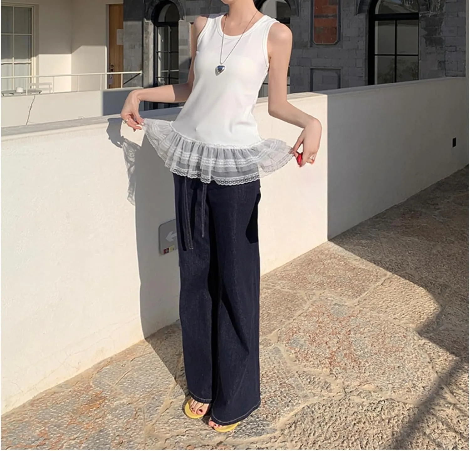 Peplum Top Ruffle Tank Top Lace Patchowrk Ballet Cutecore Clothes Women Camisole Tops Casual Streetwear Summer Outfit