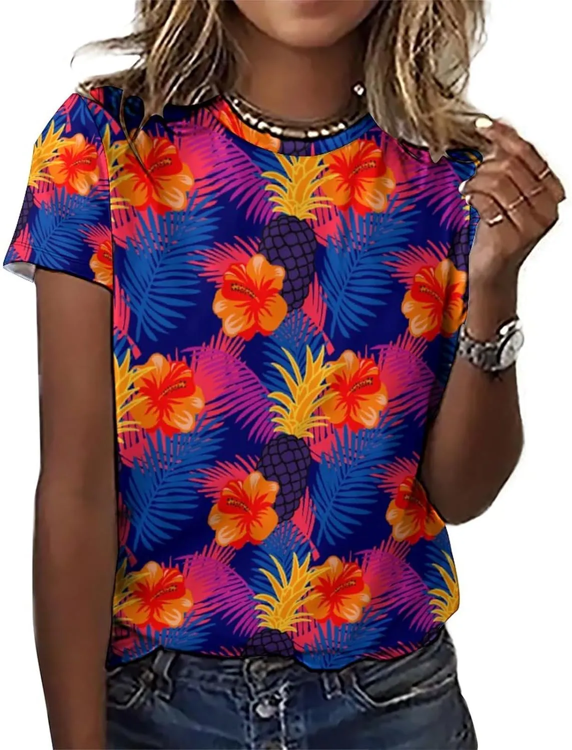 Pineapple Palm-Leaf Flowers BE Zip Off Shoulder Top for Womens Summer Autumn Winter Creativity Top