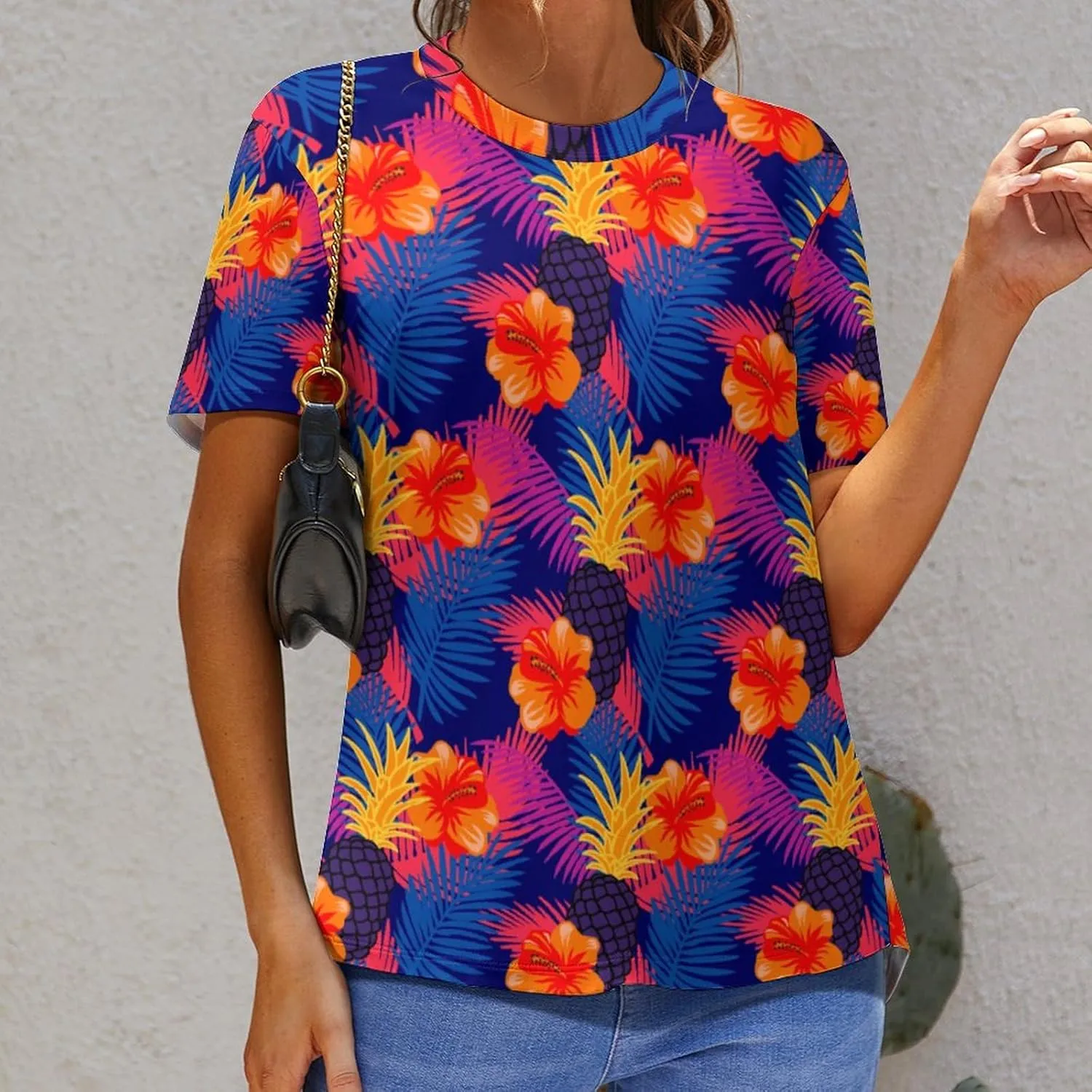Pineapple Palm-Leaf Flowers BE Zip Off Shoulder Top for Womens Summer Autumn Winter Creativity Top