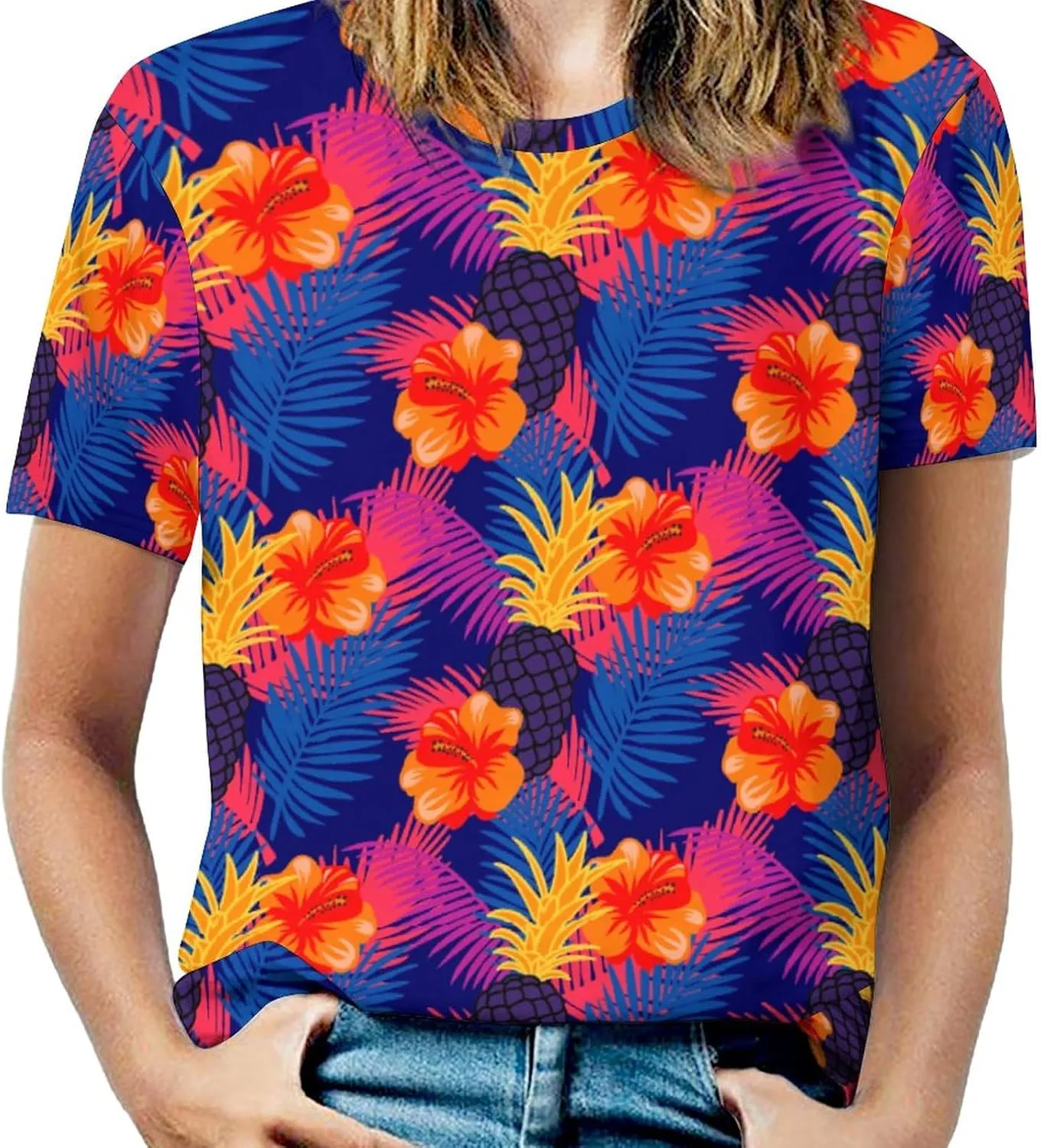 Pineapple Palm-Leaf Flowers BE Zip Off Shoulder Top for Womens Summer Autumn Winter Creativity Top