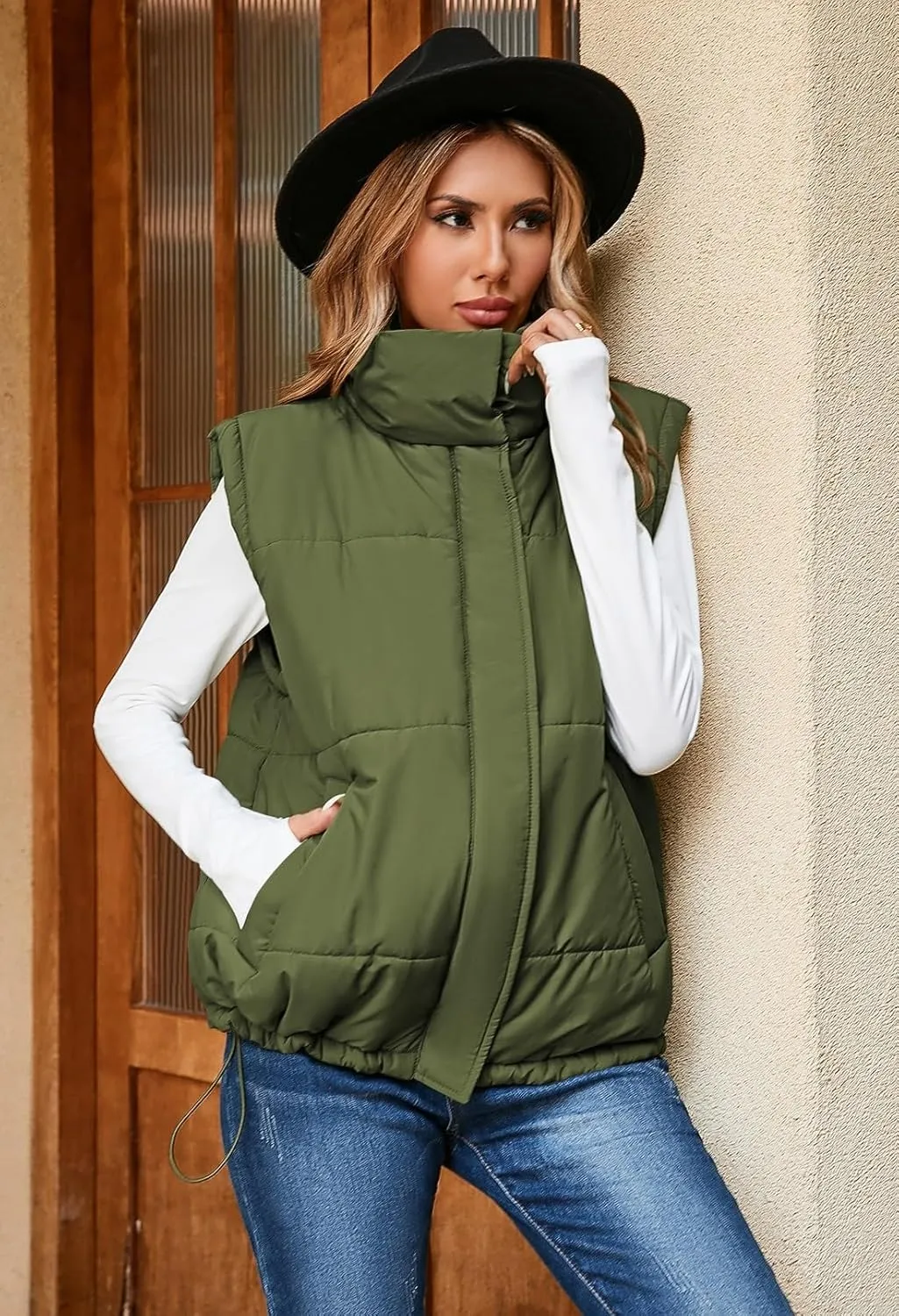 Pink Queen Womens Oversized Quilted Puffer Vest Casual Loose Sleeveless Stand Collar Zip Up Fall Winter Warm Outerwear Jacket
