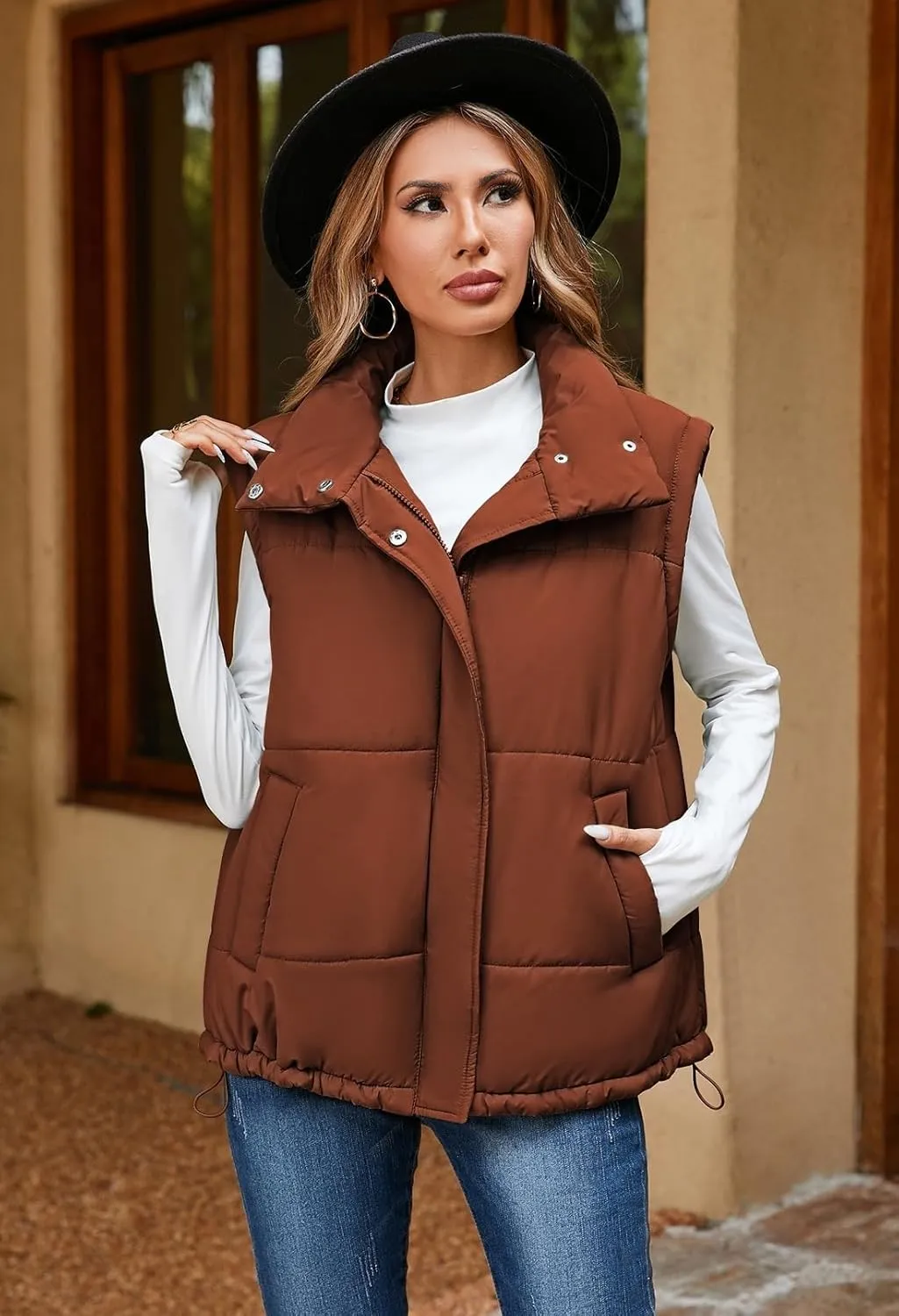 Pink Queen Womens Oversized Quilted Puffer Vest Casual Loose Sleeveless Stand Collar Zip Up Fall Winter Warm Outerwear Jacket