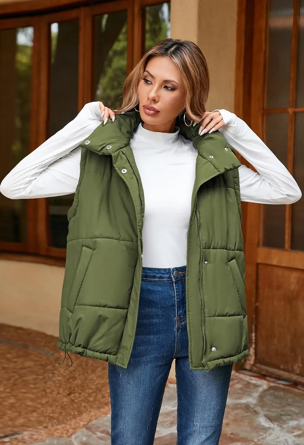 Pink Queen Womens Oversized Quilted Puffer Vest Casual Loose Sleeveless Stand Collar Zip Up Fall Winter Warm Outerwear Jacket