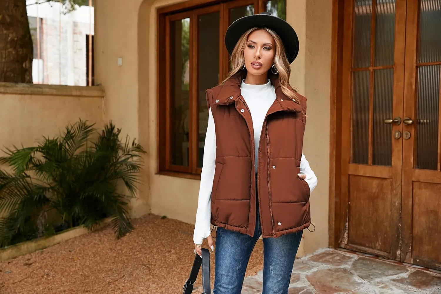 Pink Queen Womens Oversized Quilted Puffer Vest Casual Loose Sleeveless Stand Collar Zip Up Fall Winter Warm Outerwear Jacket