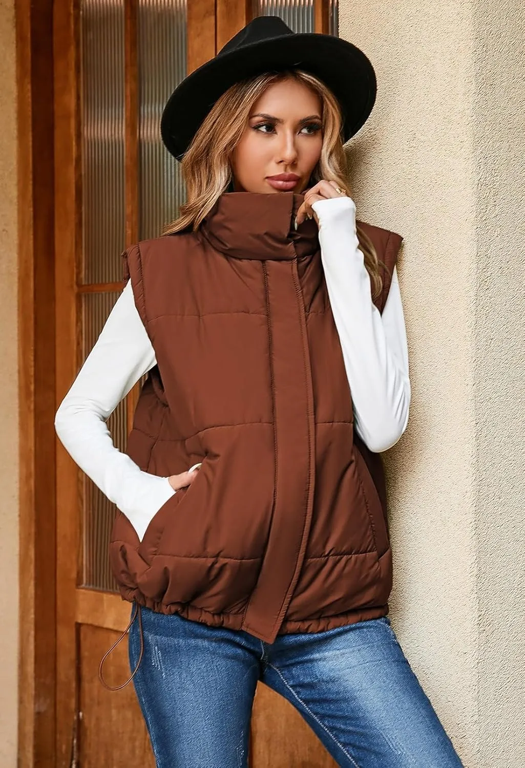 Pink Queen Womens Oversized Quilted Puffer Vest Casual Loose Sleeveless Stand Collar Zip Up Fall Winter Warm Outerwear Jacket