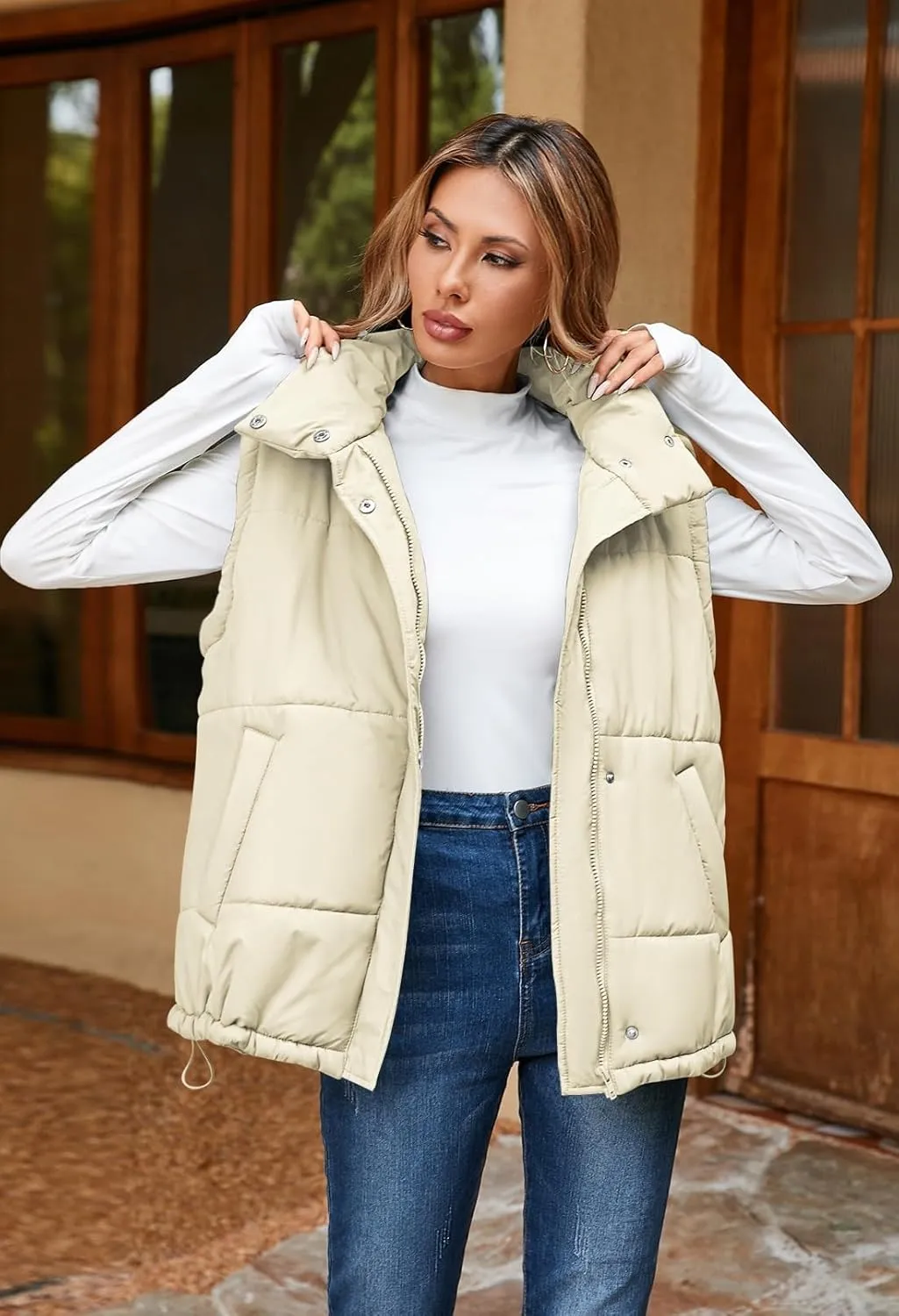 Pink Queen Womens Oversized Quilted Puffer Vest Casual Loose Sleeveless Stand Collar Zip Up Fall Winter Warm Outerwear Jacket