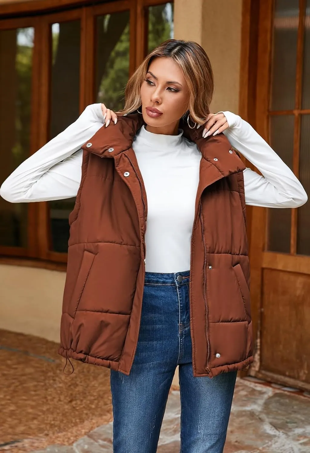 Pink Queen Womens Oversized Quilted Puffer Vest Casual Loose Sleeveless Stand Collar Zip Up Fall Winter Warm Outerwear Jacket