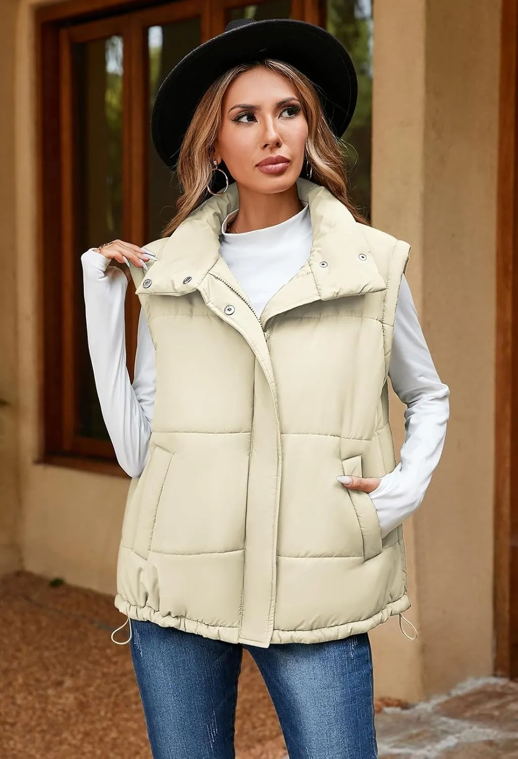 Pink Queen Womens Oversized Quilted Puffer Vest Casual Loose Sleeveless Stand Collar Zip Up Fall Winter Warm Outerwear Jacket