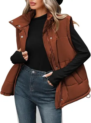 Pink Queen Womens Oversized Quilted Puffer Vest Casual Loose Sleeveless Stand Collar Zip Up Fall Winter Warm Outerwear Jacket