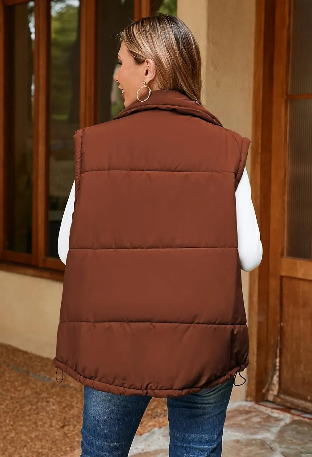 Pink Queen Womens Oversized Quilted Puffer Vest Casual Loose Sleeveless Stand Collar Zip Up Fall Winter Warm Outerwear Jacket