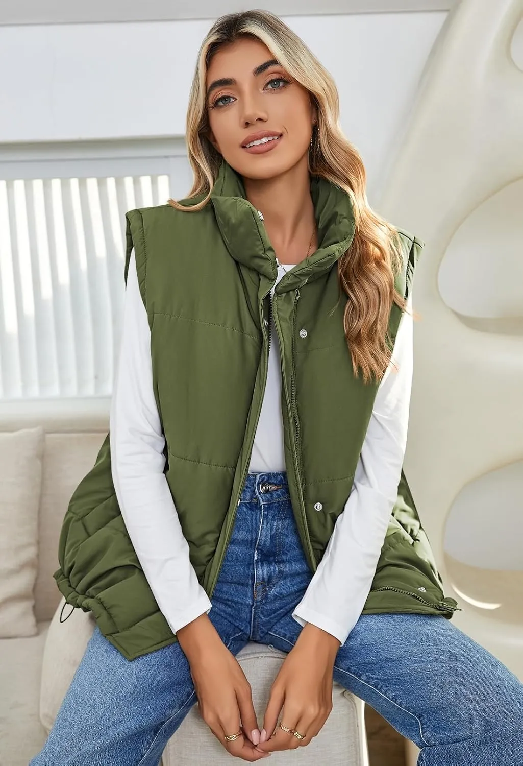 Pink Queen Womens Oversized Quilted Puffer Vest Casual Loose Sleeveless Stand Collar Zip Up Fall Winter Warm Outerwear Jacket