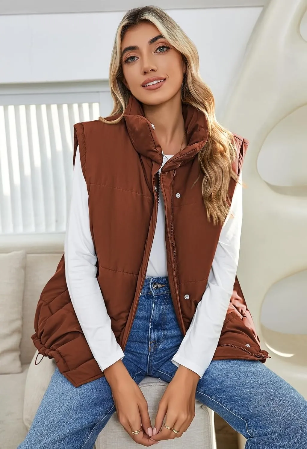 Pink Queen Womens Oversized Quilted Puffer Vest Casual Loose Sleeveless Stand Collar Zip Up Fall Winter Warm Outerwear Jacket