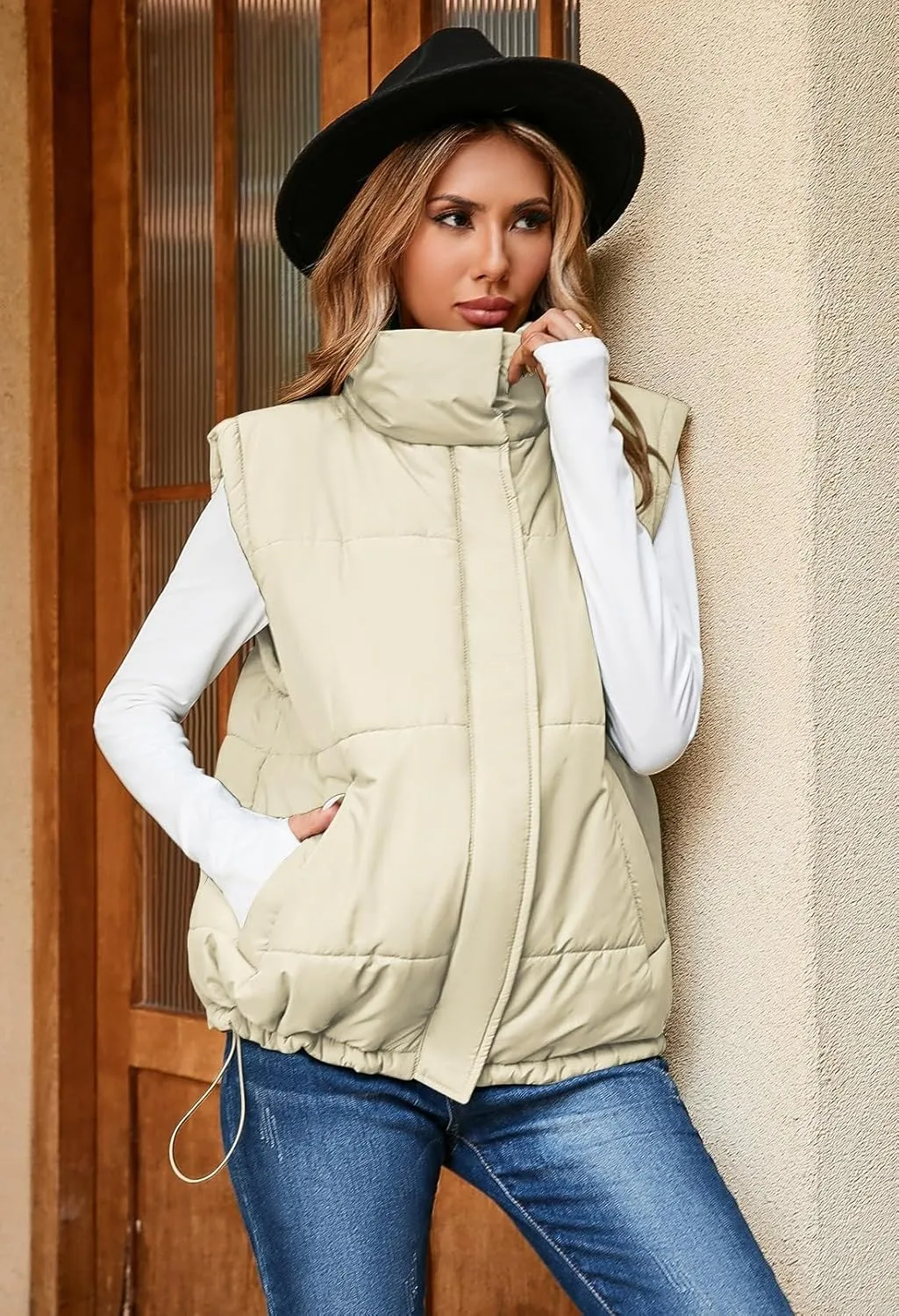 Pink Queen Womens Oversized Quilted Puffer Vest Casual Loose Sleeveless Stand Collar Zip Up Fall Winter Warm Outerwear Jacket