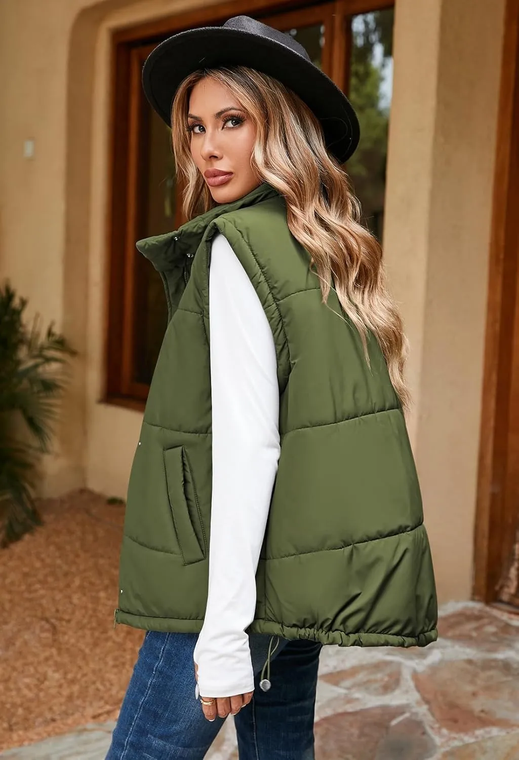 Pink Queen Womens Oversized Quilted Puffer Vest Casual Loose Sleeveless Stand Collar Zip Up Fall Winter Warm Outerwear Jacket