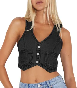 PLNOTME Womens Denim Vest Button Down Cropped Jean Top Sleeveless V Neck Vintage Tank with Pockets
