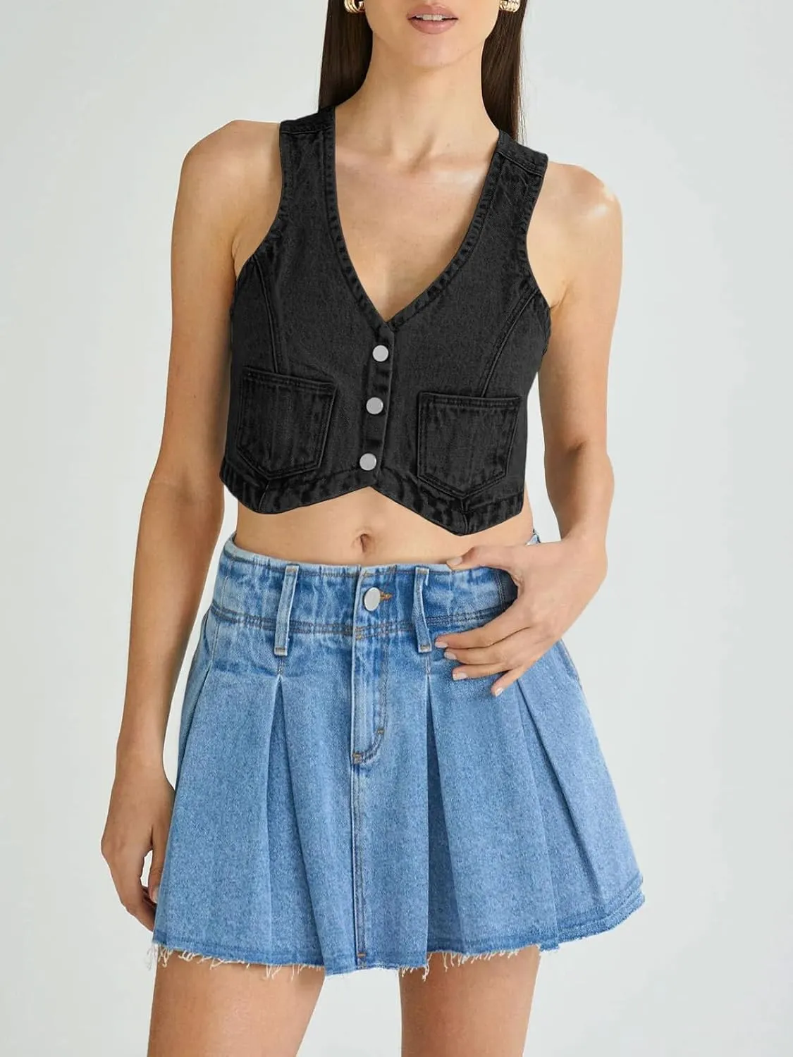 PLNOTME Womens Denim Vest Button Down Cropped Jean Top Sleeveless V Neck Vintage Tank with Pockets