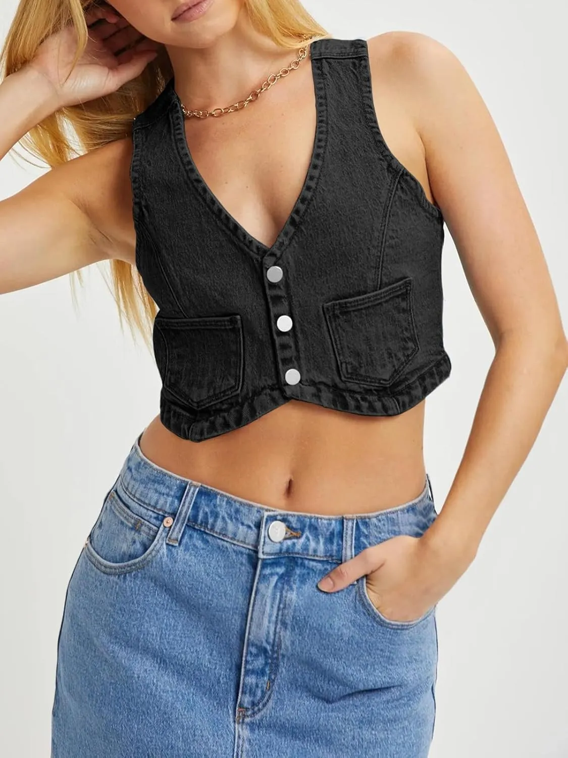 PLNOTME Womens Denim Vest Button Down Cropped Jean Top Sleeveless V Neck Vintage Tank with Pockets