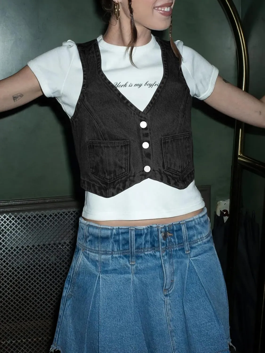 PLNOTME Womens Denim Vest Button Down Cropped Jean Top Sleeveless V Neck Vintage Tank with Pockets