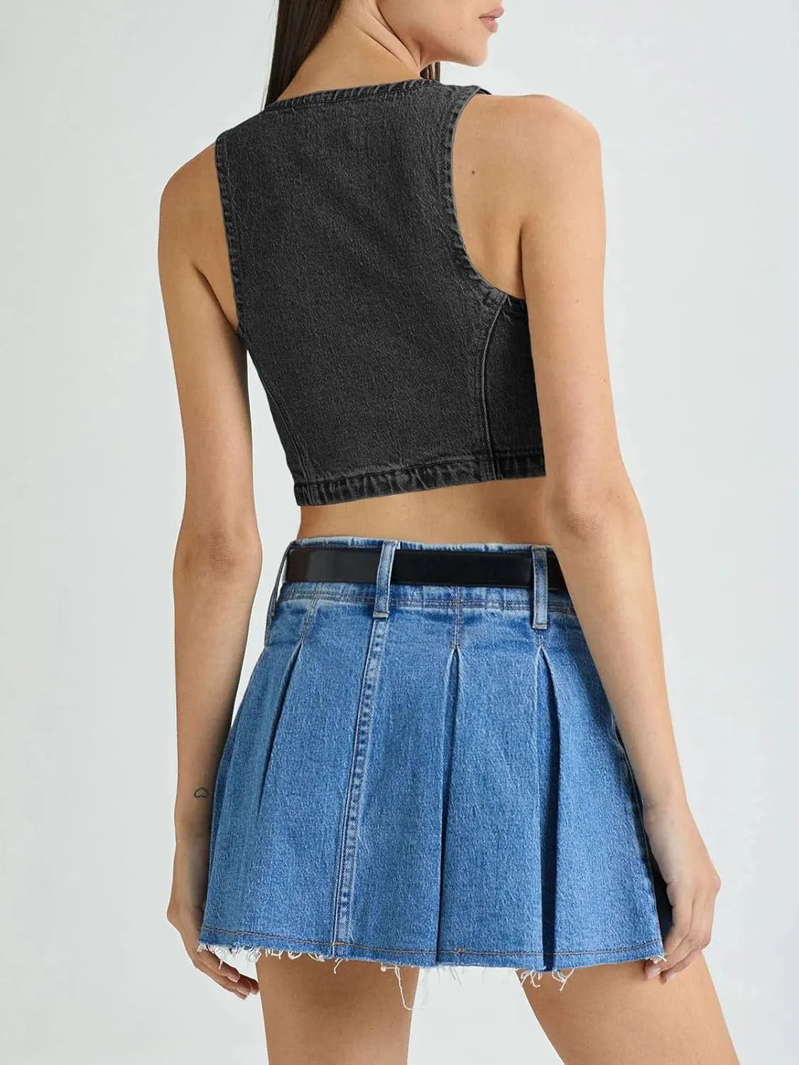 PLNOTME Womens Denim Vest Button Down Cropped Jean Top Sleeveless V Neck Vintage Tank with Pockets