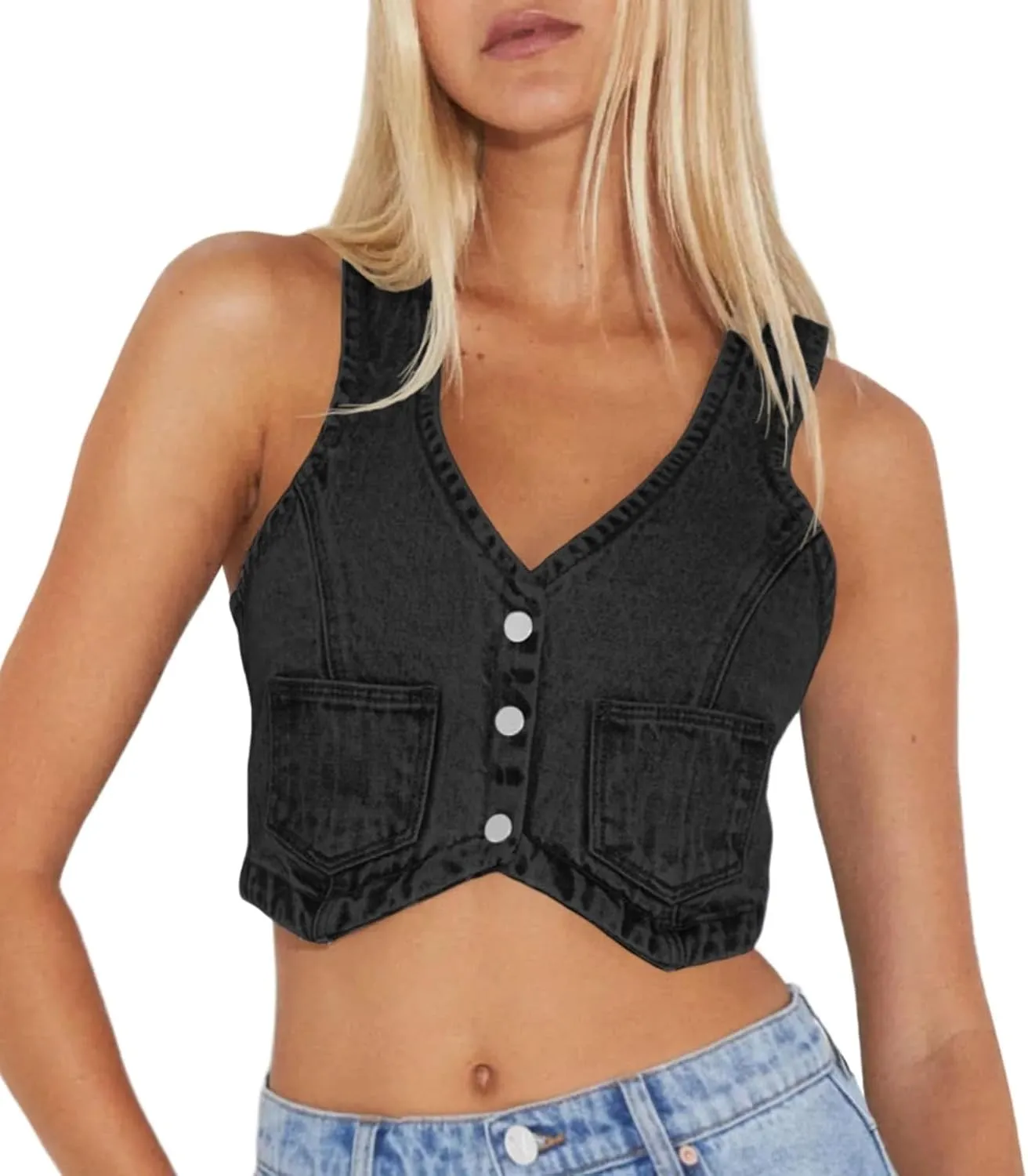 PLNOTME Womens Denim Vest Button Down Cropped Jean Top Sleeveless V Neck Vintage Tank with Pockets