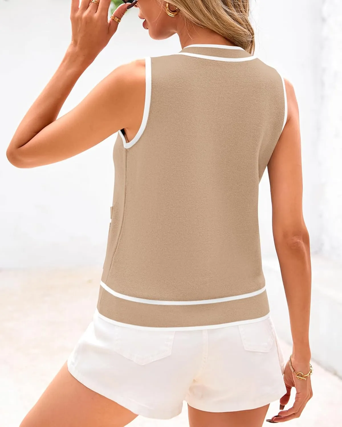 PRETTYGARDEN Vest For Women 2025 Summer Casual Button Down Color Block Sweater Vest Ribbed Knit Tank Tops With Pockets