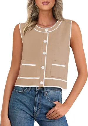 PRETTYGARDEN Vest For Women 2025 Summer Casual Button Down Color Block Sweater Vest Ribbed Knit Tank Tops With Pockets