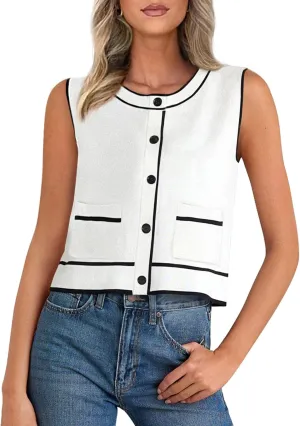 PRETTYGARDEN Vest For Women 2025 Summer Casual Button Down Color Block Sweater Vest Ribbed Knit Tank Tops With Pockets