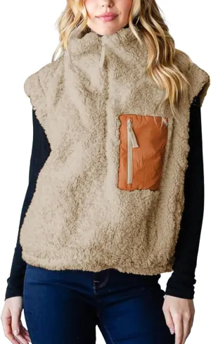 QIBABU Womens Fuzzy Fleece Vest Half Zip Pullover Vest Cozy Sleeveless Sherpa Jacket with Pockets