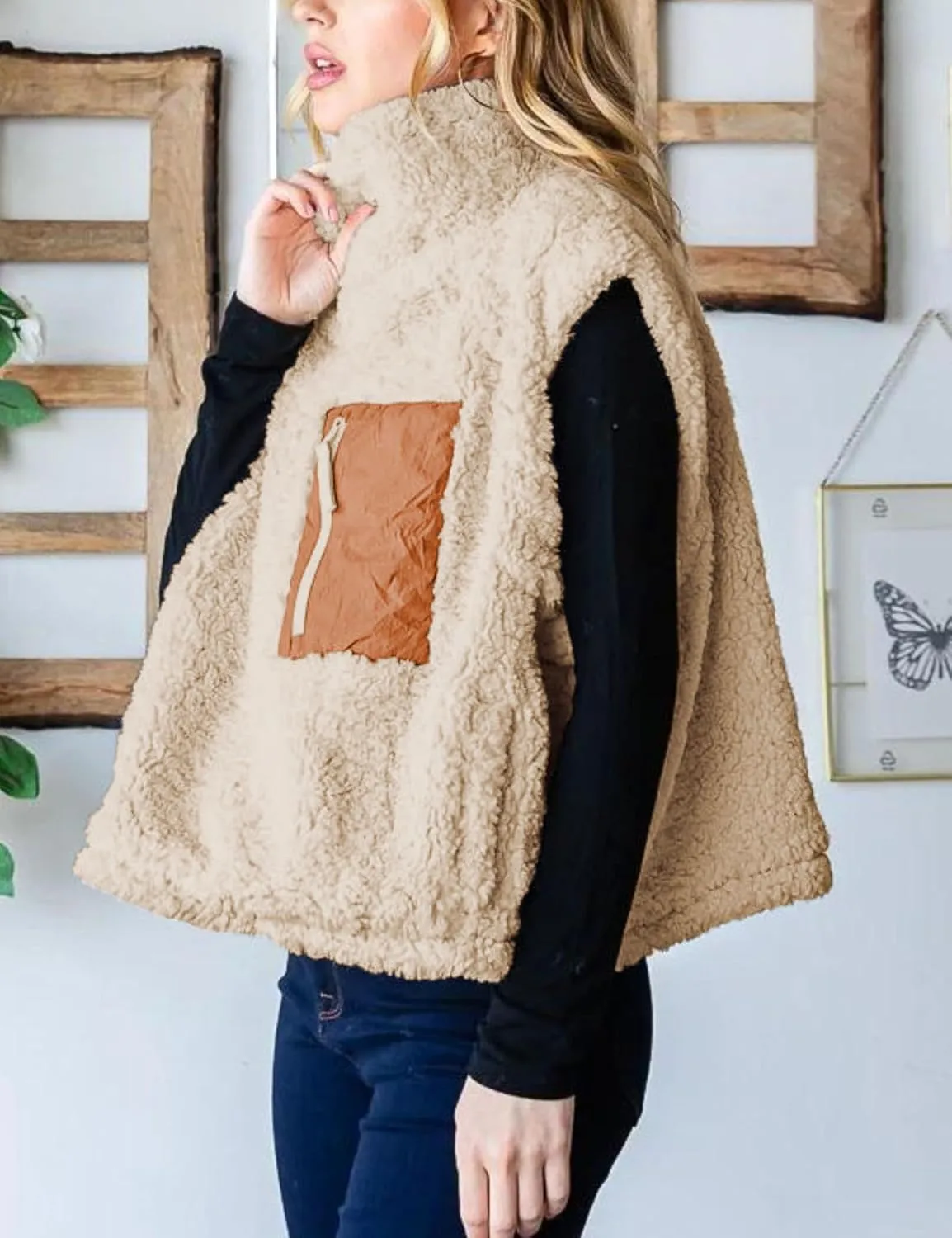 QIBABU Womens Fuzzy Fleece Vest Half Zip Pullover Vest Cozy Sleeveless Sherpa Jacket with Pockets
