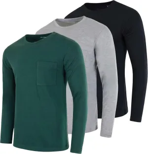 Real Essentials 3 Pack: Men's Cotton Performance Long Sleeve Crew Neck Pocket T-Shirt Athletic Top (Available in Big & Tall)