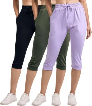 Real Essentials 3-Pack: Women's Ultra Soft Lounge Capri Joggers Sweatpants Athletic Yoga with Pockets(Available in Plus Size)