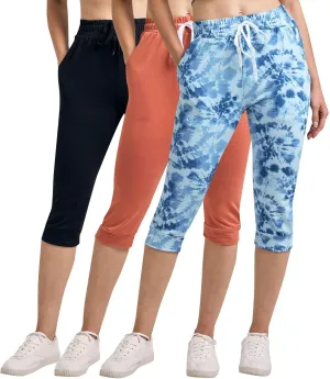 Real Essentials 3-Pack: Women's Ultra Soft Lounge Capri Joggers Sweatpants Athletic Yoga with Pockets(Available in Plus Size)
