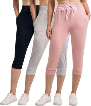 Real Essentials 3-Pack: Women's Ultra Soft Lounge Capri Joggers Sweatpants Athletic Yoga with Pockets(Available in Plus Size)