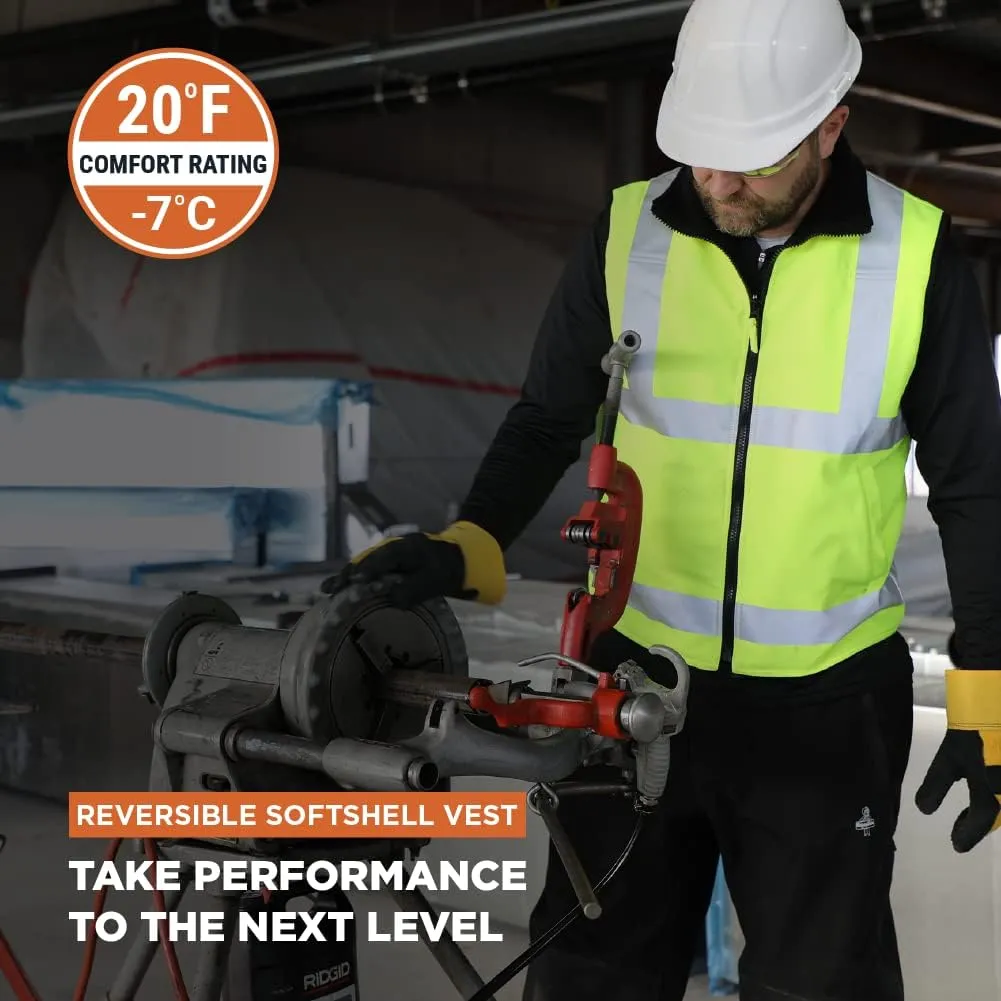 RefrigiWear Hivis Reversible Softshell Safety Vest - ANSI Class 2 High Visibility Orange with Reflective Tape