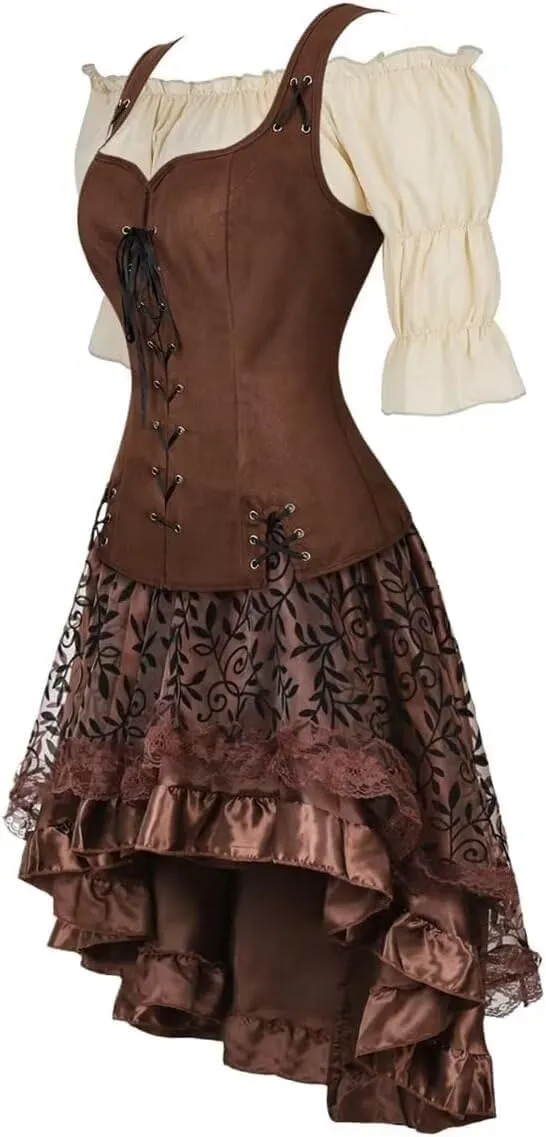Renaissance Costume Women Set Pirate Vest Shirt Medieval Dress Peasant Tops Irish Dress