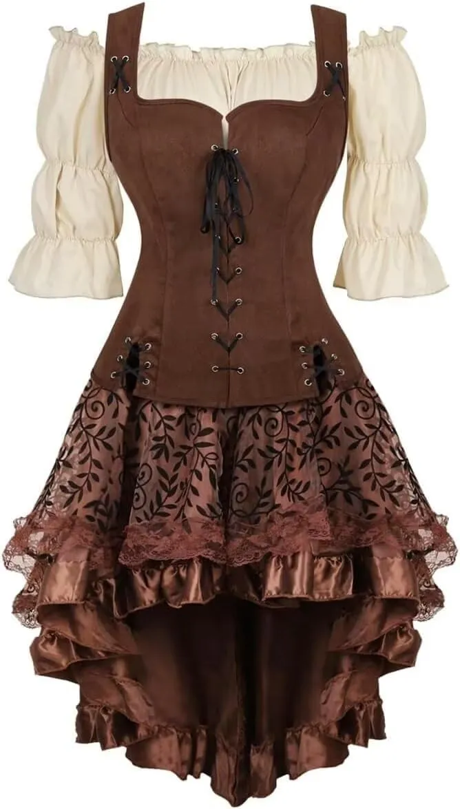 Renaissance Costume Women Set Pirate Vest Shirt Medieval Dress Peasant Tops Irish Dress