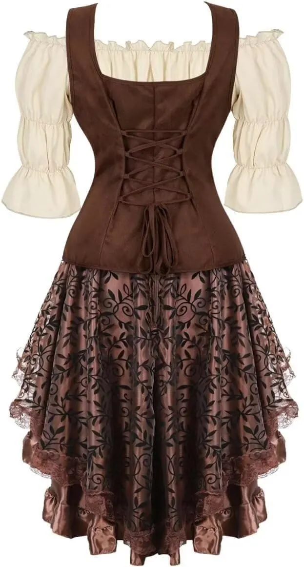 Renaissance Costume Women Set Pirate Vest Shirt Medieval Dress Peasant Tops Irish Dress