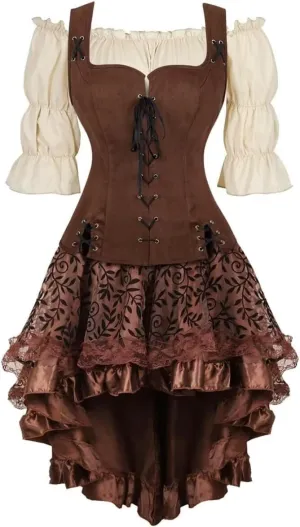 Renaissance Costume Women Set Pirate Vest Shirt Medieval Dress Peasant Tops Irish Dress