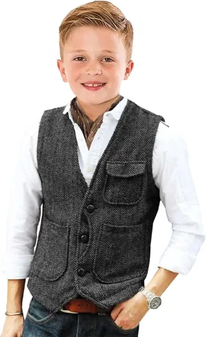 Retro Boys Tweed Vest for Kids Formal Dress Herringbone Suit Vest for Toddler Boy Wedding Waistcoat